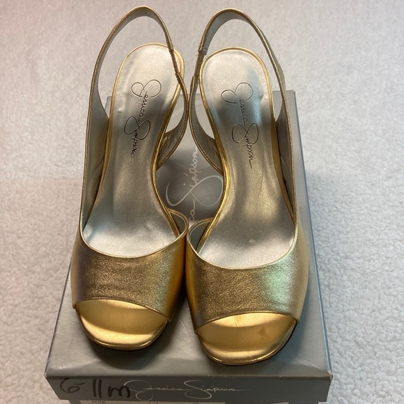 Jessica Simpson Kreme New Sable Metallic Leather Open Toe Slingback Dress Heel 6 - Picture 2 of 11